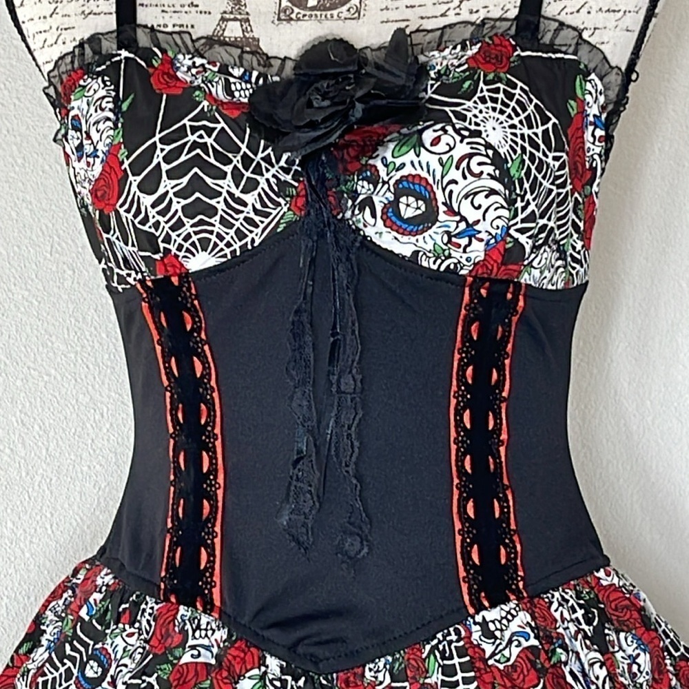 Hot Topic Black and Red Spiderweb Floral Mini Dress - Picture 3 of 15